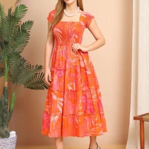 Women's Viscos Rayon Printed Off Shoulder Midi Dress For Summer And Casual Wear (Orange)